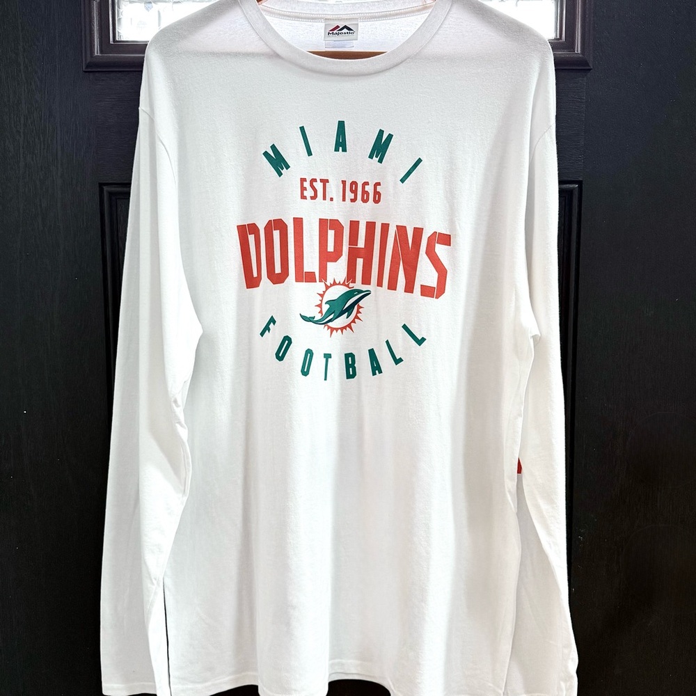 MIAMI DOLPHINS Men’s White Long Sleeve NFL Tee by Majestic XL New w/o Tags